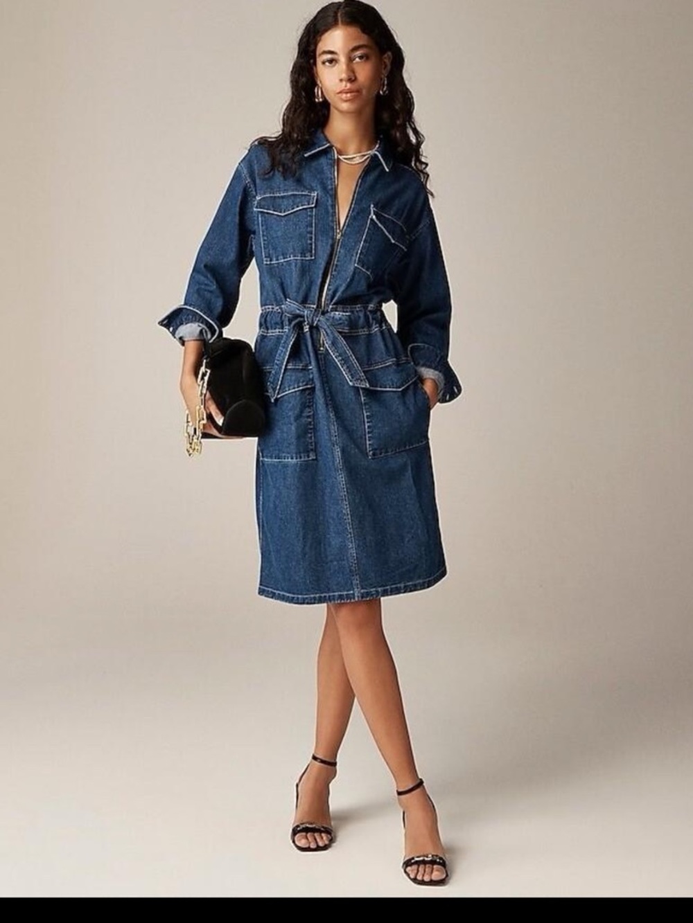 J.Crew Denim Utility Dress Valley Stream Blue Tie Waist Cotton Size 2